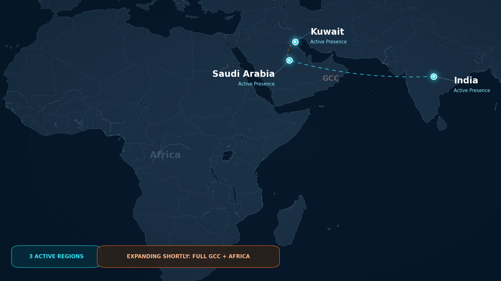 Map showing Smachinato active regional presence across India, Saudi Arabia, and Kuwait, with expansion to full GCC and Africa